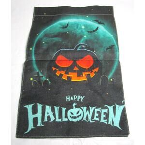 Halloween Garden Flag Burlap 11x18 Inches Glowing Pumpkin Moon Graveyard Scene